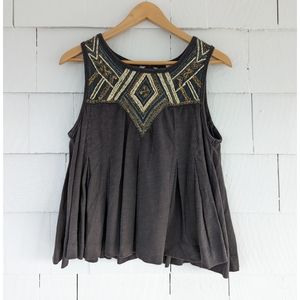 Free People Gray Gold Embroidered Open Back Top XS
